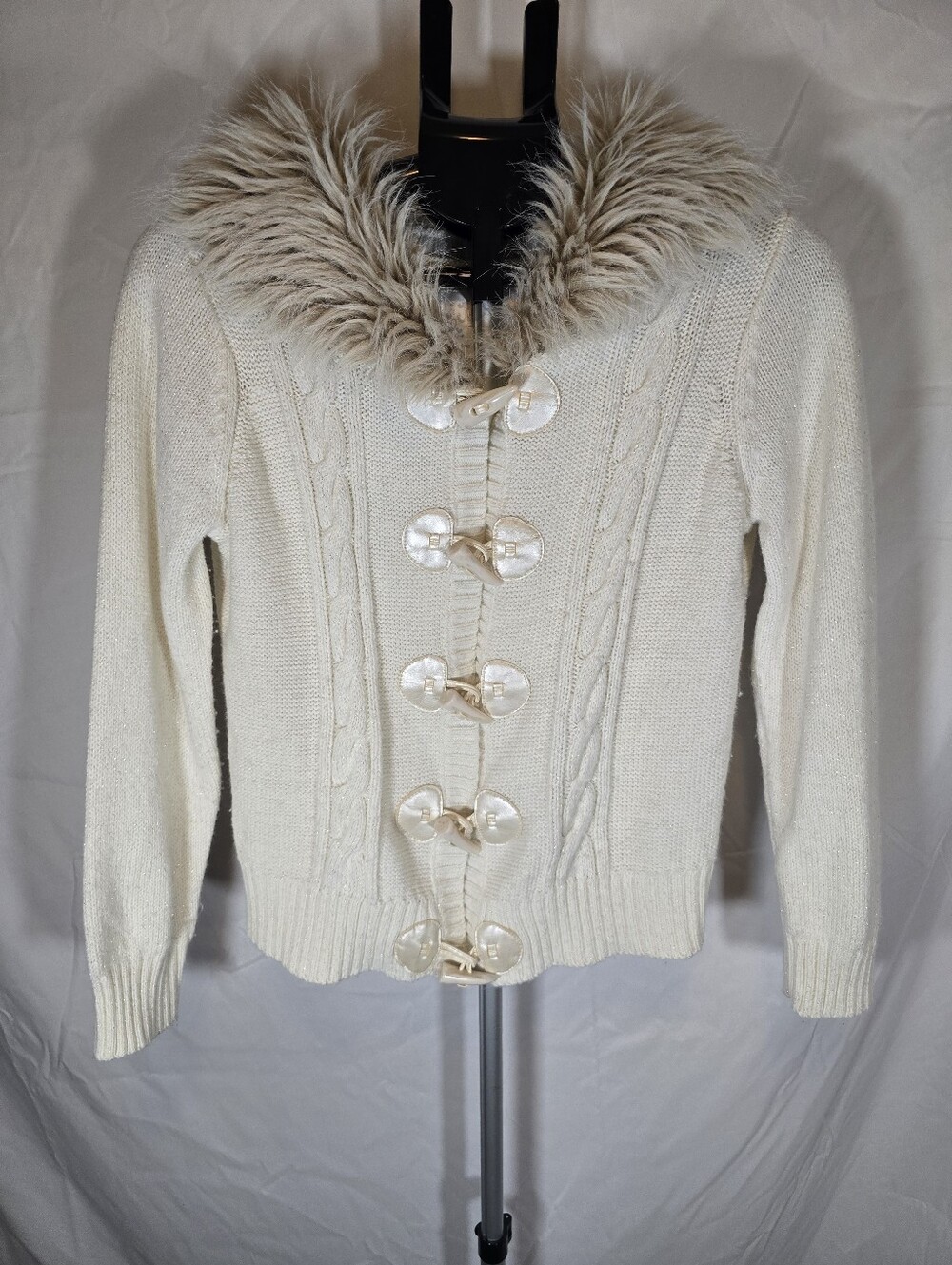 Justice Cream Cable Knit Cardigan with Faux-Fur Collar